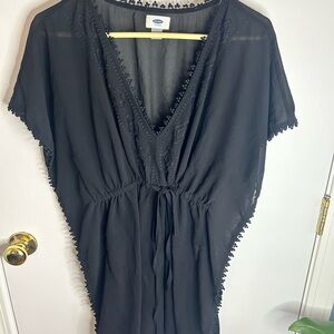 Vintage 00s Old Navy Black Tassel Trim Swim Cover Up Dress | Size M